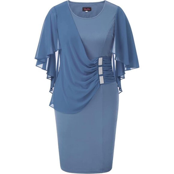 Women's Plus Size Chiffon Ruffle Cape Sleeve Bodycon Dress for Elegance - Picture 1 of 5